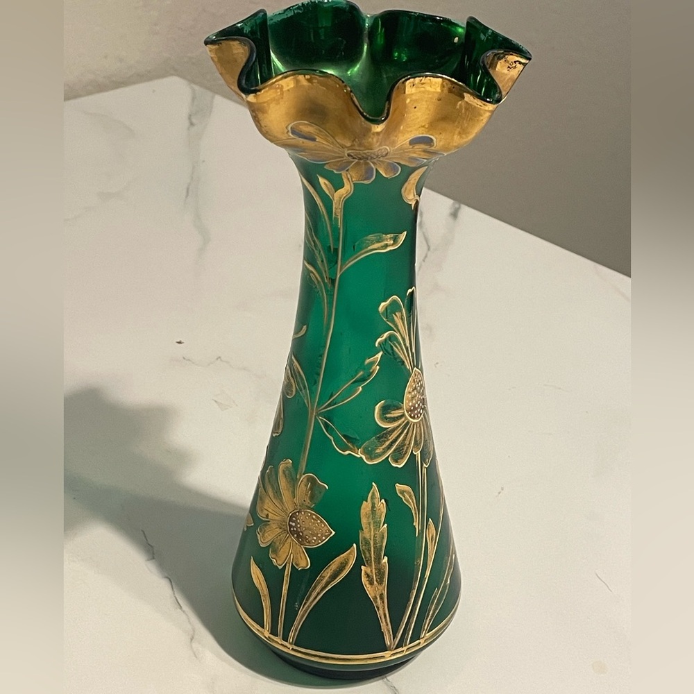 Antique Emerald Green Gold Floral Enamel Decorated Art Glass Vaseline